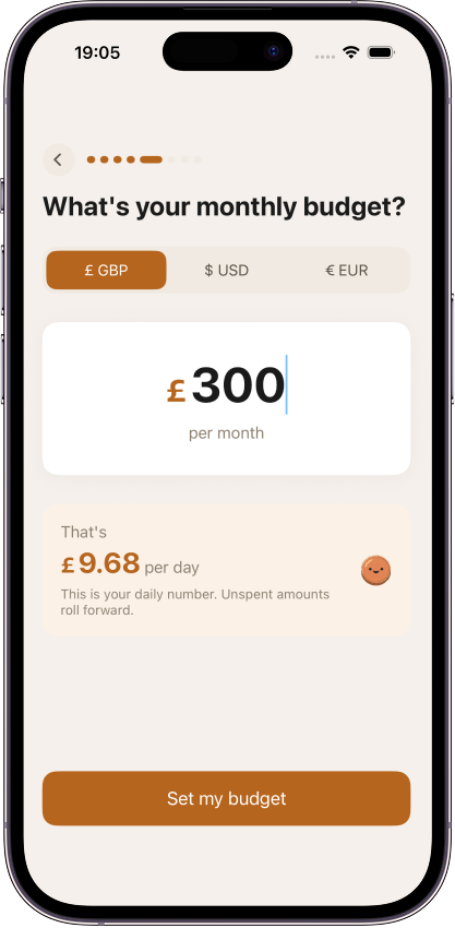 Coppr onboarding screen asking for a monthly budget