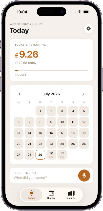 Coppr home screen showing today's remaining allowance