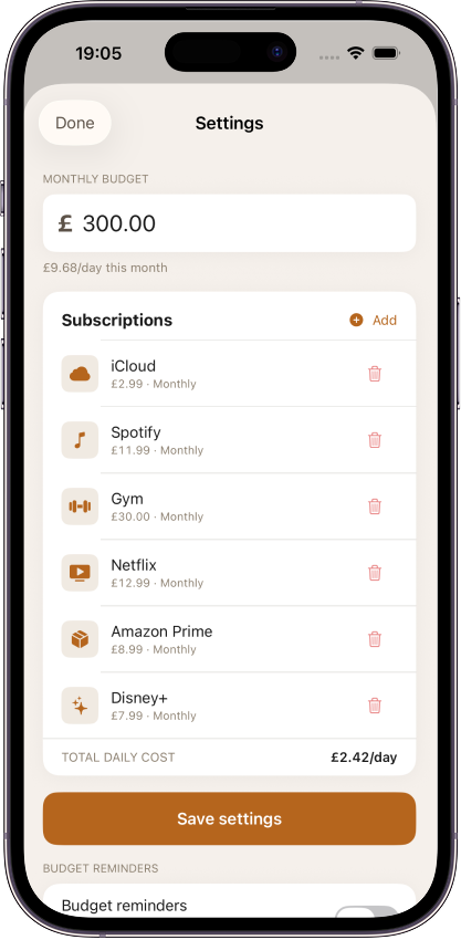 Coppr settings screen listing tracked subscriptions